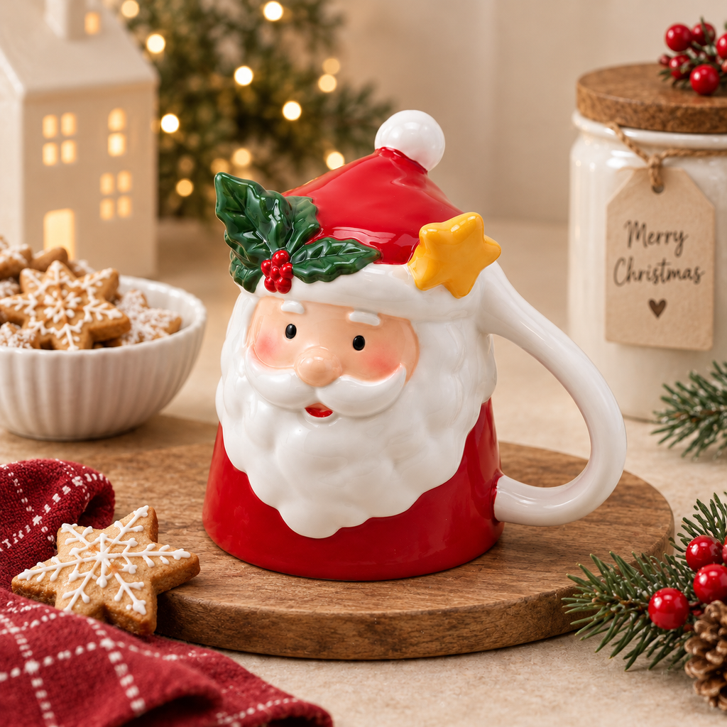 Tazza Natalizia EDG in Ceramica con Coperchio a Forma di Babbo Natale h. 12 cm