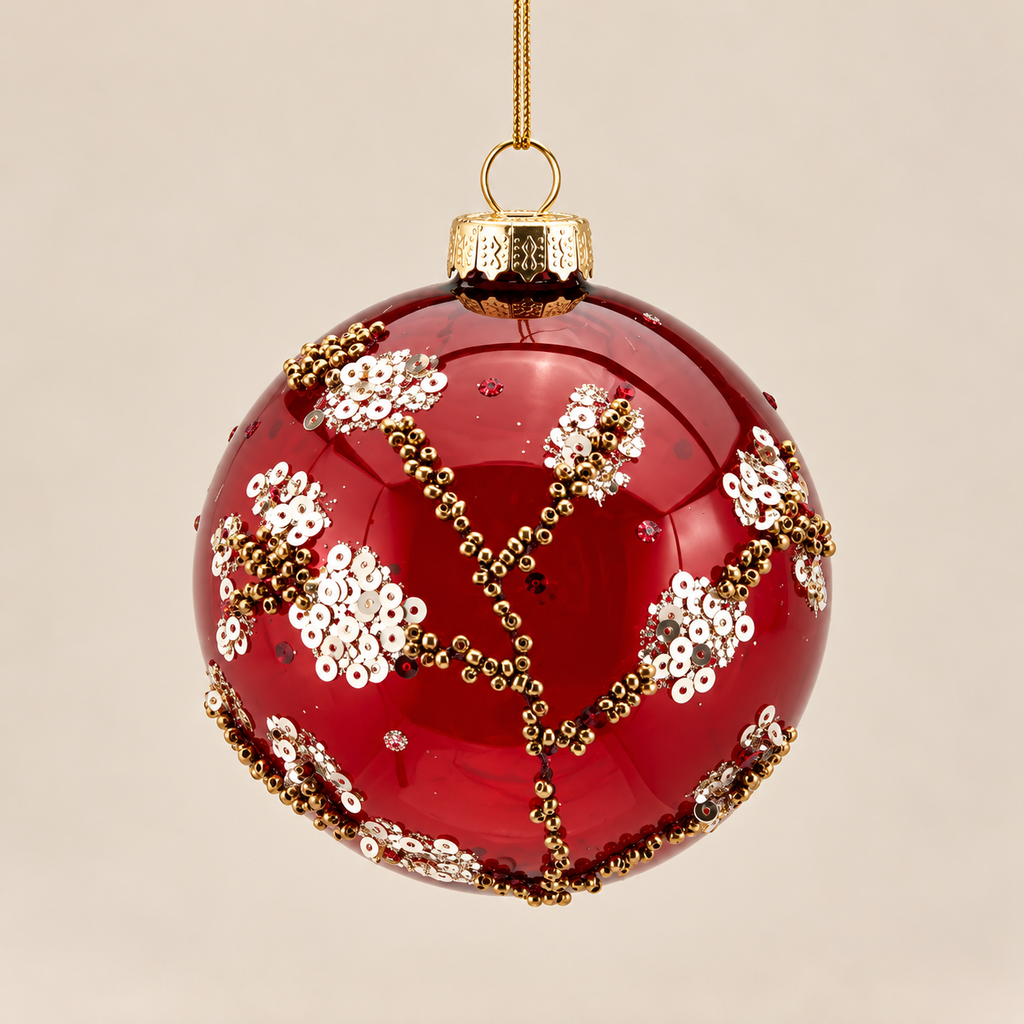 Sfera Natalizia EDG Rosso Rubino con Ricami Dorati, Paillettes Argento e Decorazioni Gioiello Ø8 cm