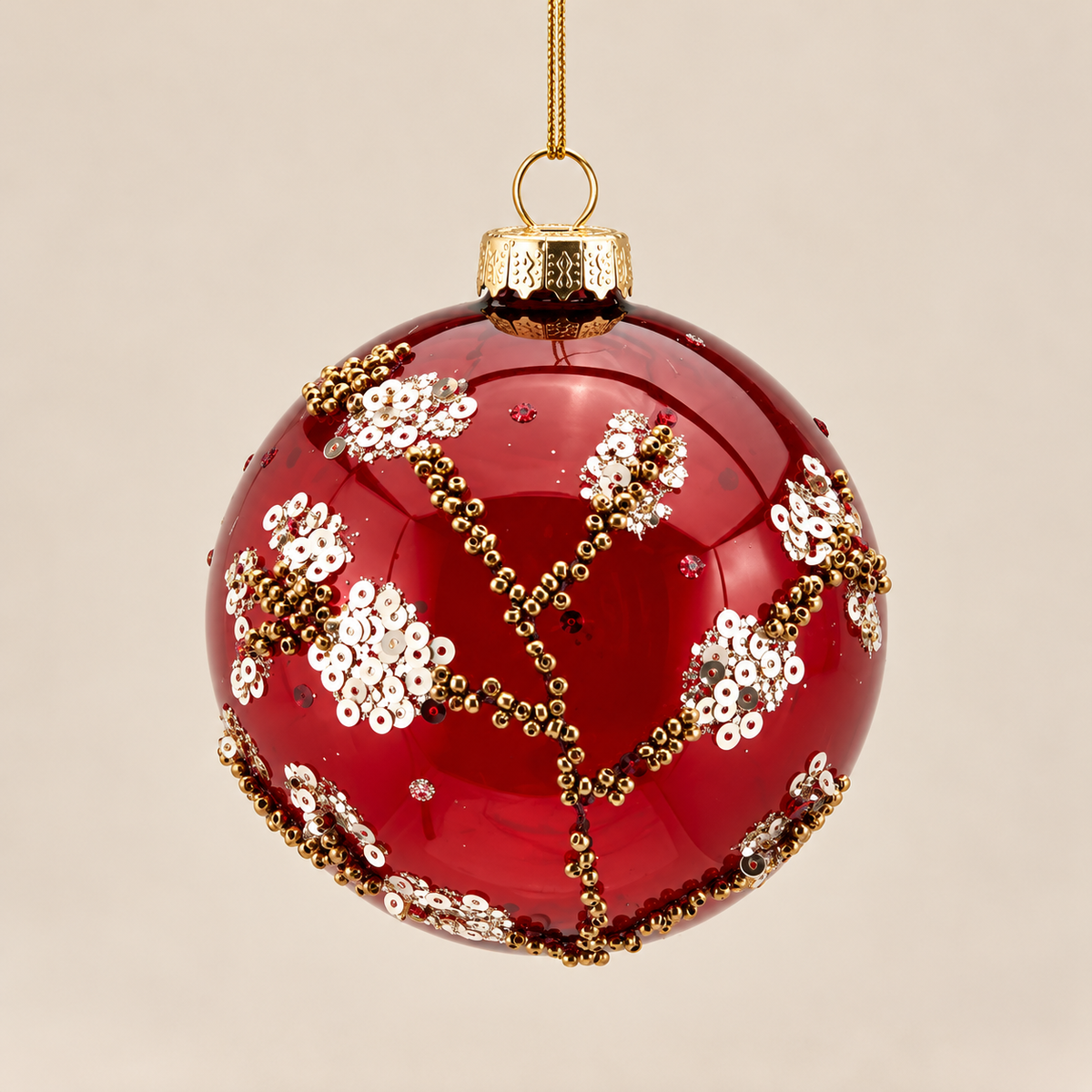 Sfera Natalizia EDG Rosso Rubino con Ricami Dorati, Paillettes Argento e Decorazioni Gioiello Ø8 cm