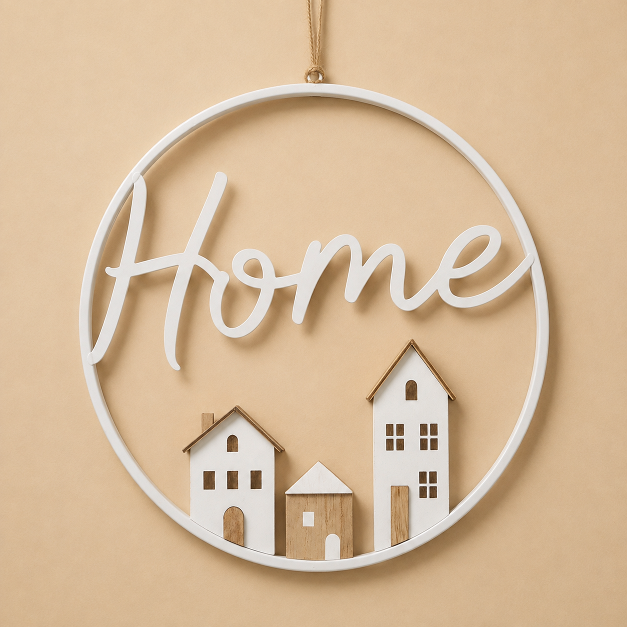 Decorazione da parete “Home” in legno e metallo — Ø 38 cm Bianca