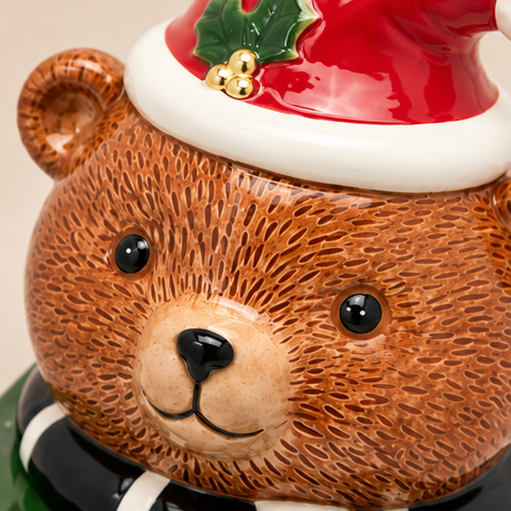 Biscottiera Natalizia Orso su Pacco Regalo in Ceramica 24 x 16,5 cm - EDG