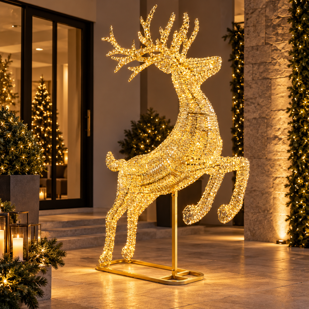Renna Luminosa EDG Enzo De Gasperi Oro con 8300 MicroLED e Decorazione a Nastri – H 260 cm – IP44