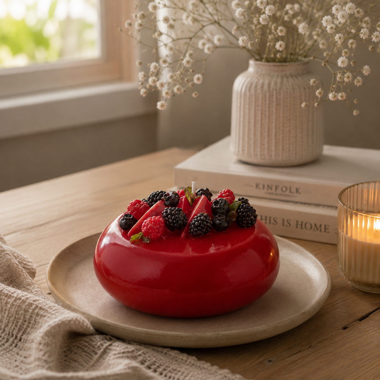 Candela Decorativa a Forma di Torta ai Frutti di Bosco