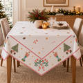 Tovaglia Natalizia Quadrata in Cotone con Schiaccianoci, Alberi di Natale e Bordo a Righe Rosse 150 x 150 cm