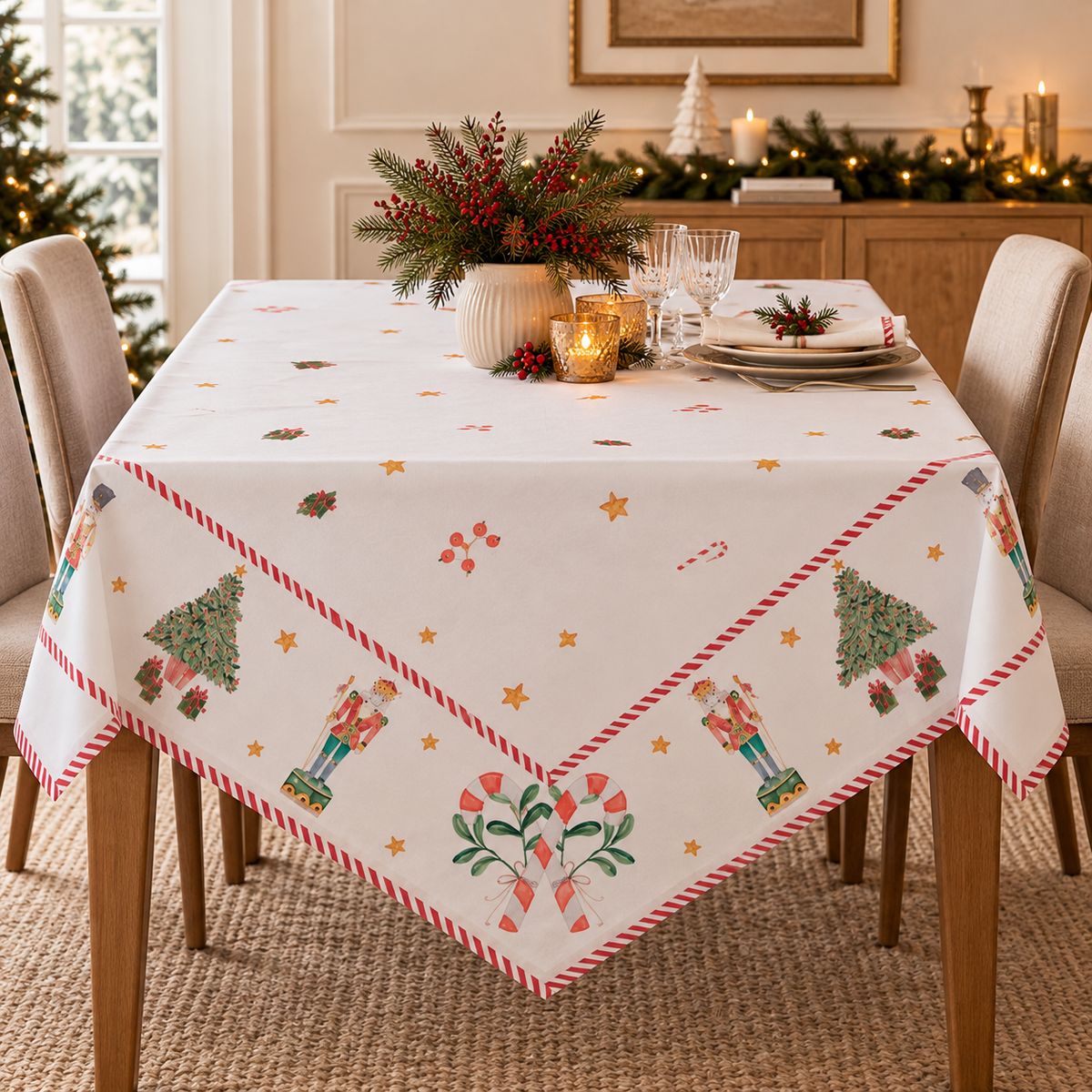 Tovaglia Natalizia Quadrata in Cotone con Schiaccianoci, Alberi di Natale e Bordo a Righe Rosse 150 x 150 cm