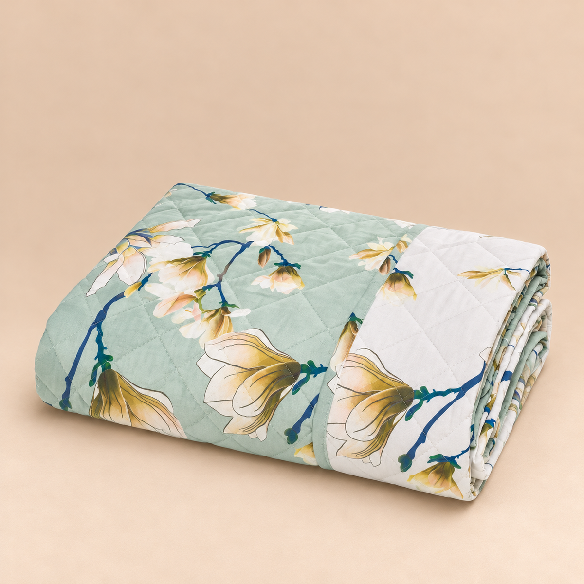 Trapunta Leggera Matrimoniale Double-Face Kyoto in Percalle di Cotone 200 T.C. con Fantasia Floreale Verde Acqua e Bianco 270 x 270 cm – Tessitura Randi