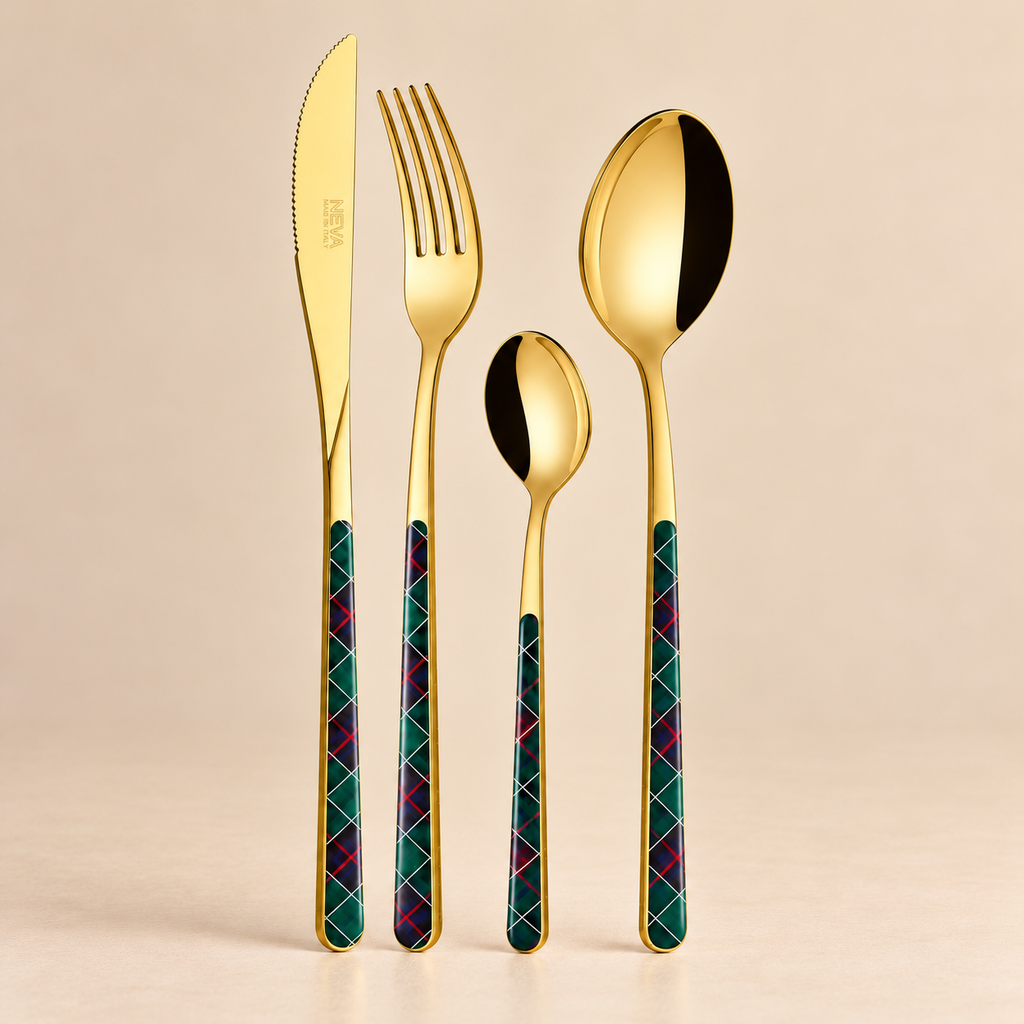 Servizio Posate 24 Pezzi Asia Oro Tartan Verde Scozzese – Acciaio Inox Dorato