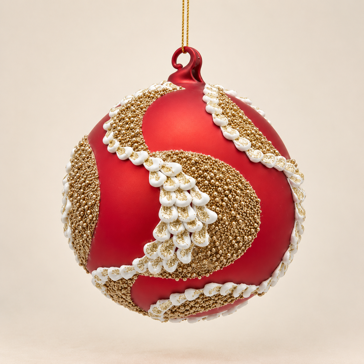 Sfera Natalizia EDG Rossa con Decorazioni Oro Glitter e Petali Bianchi in Rilievo Ø10 cm