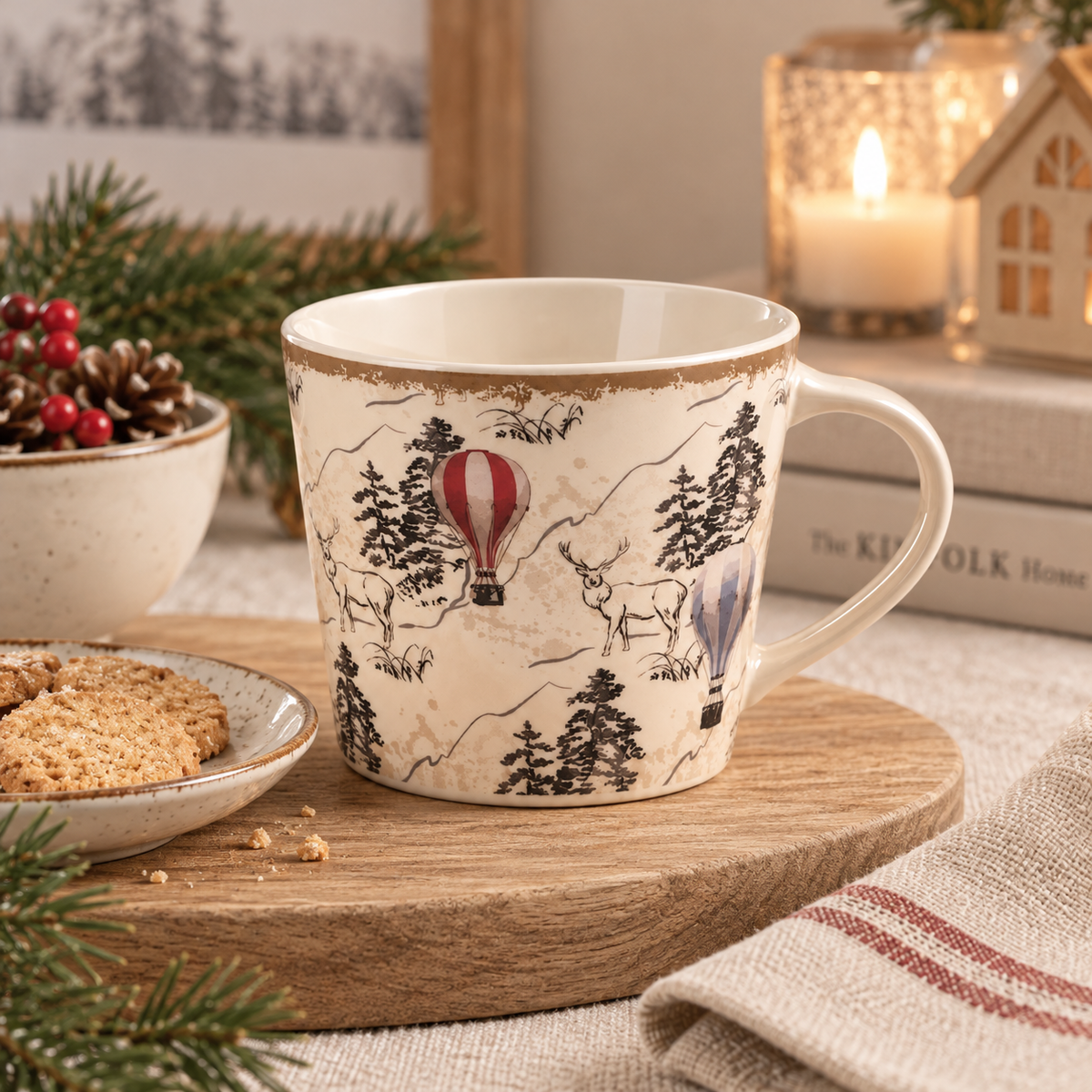 Tazza da Tè Village – Decoro Paesaggio Invernale con Renne e Mongolfiere – 280 ml