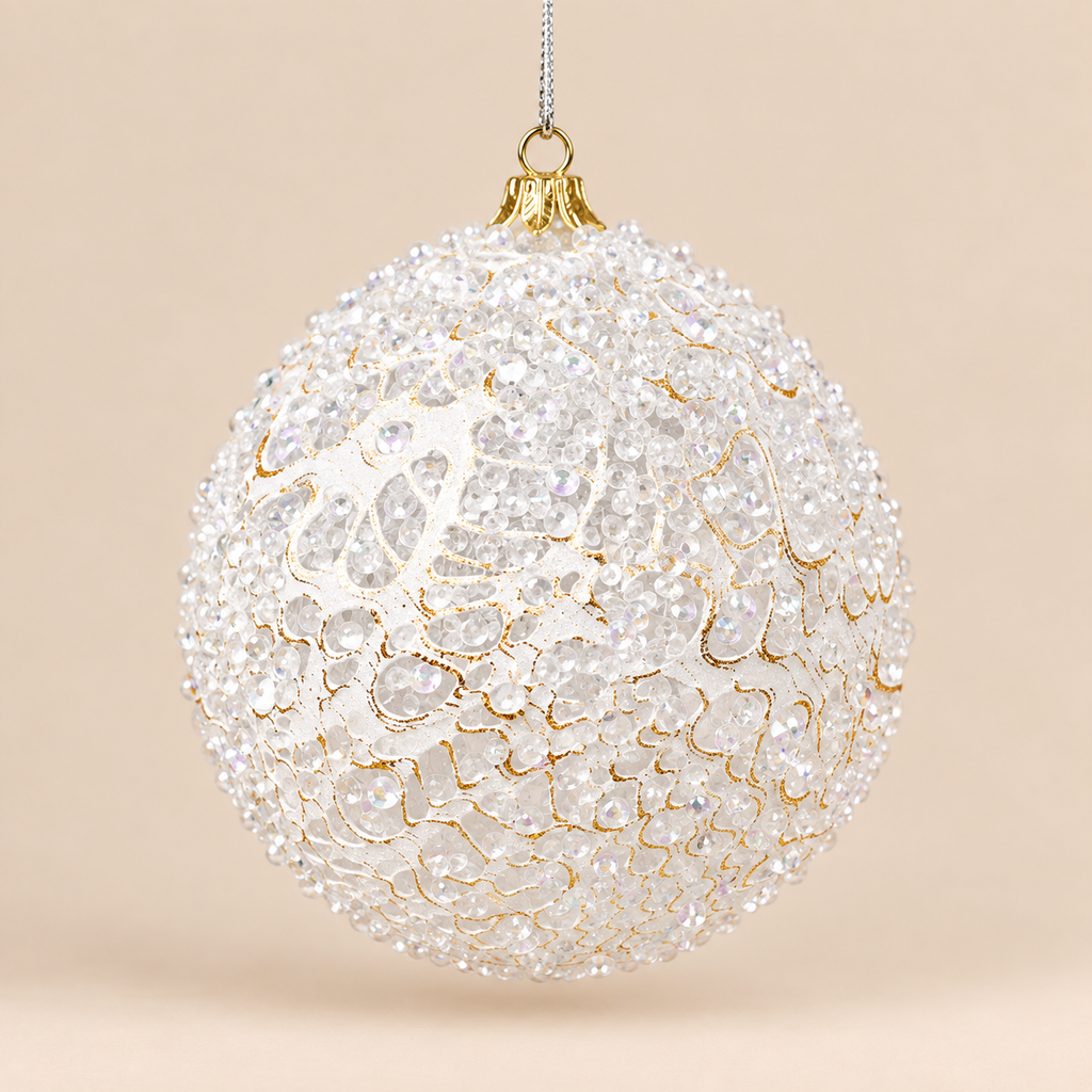 Sfera di Natale Bianca e Oro Effetto Ghiaccio Ø 10 cm