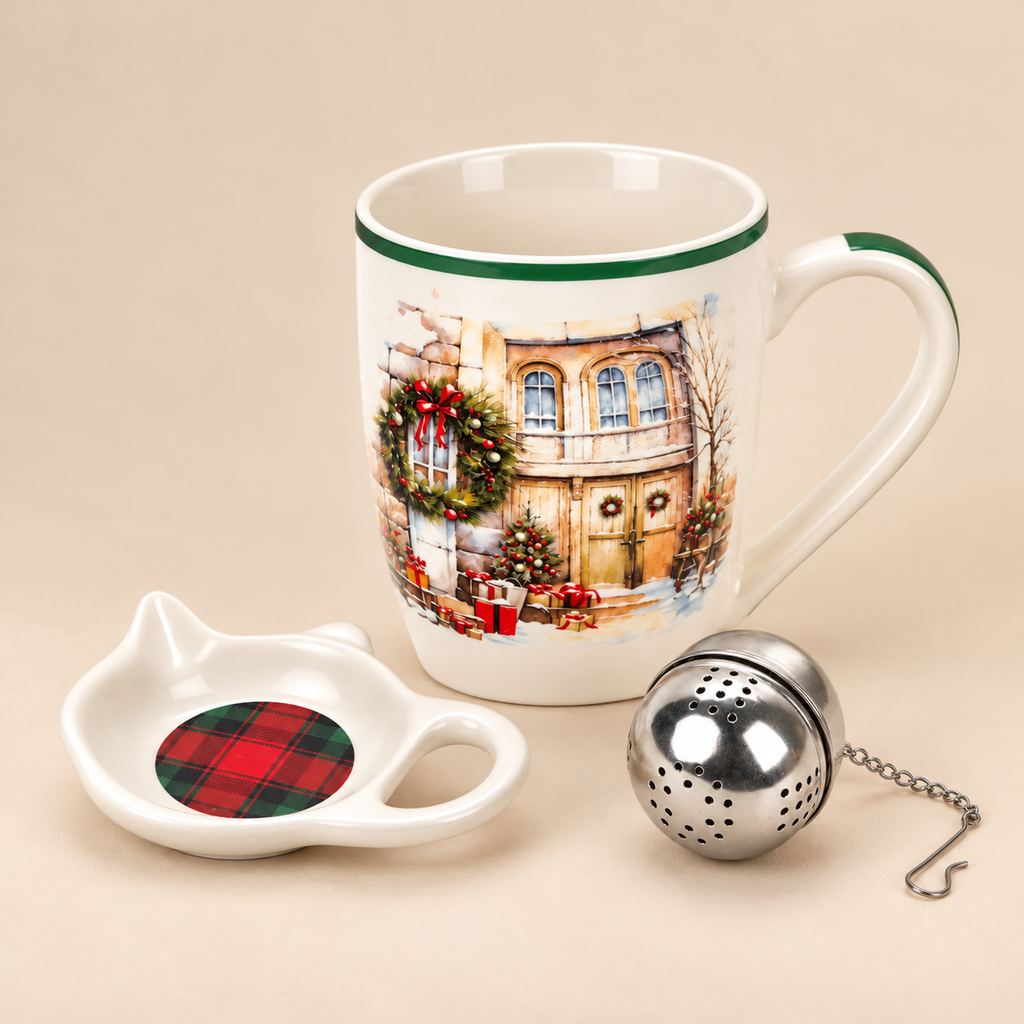 Tazza Natalizia in Ceramica con Infusore e Piattino – Decoro Facciata Invernale con Ghirlanda, Albero di Natale e Pacchi Regalo – 350 ml –