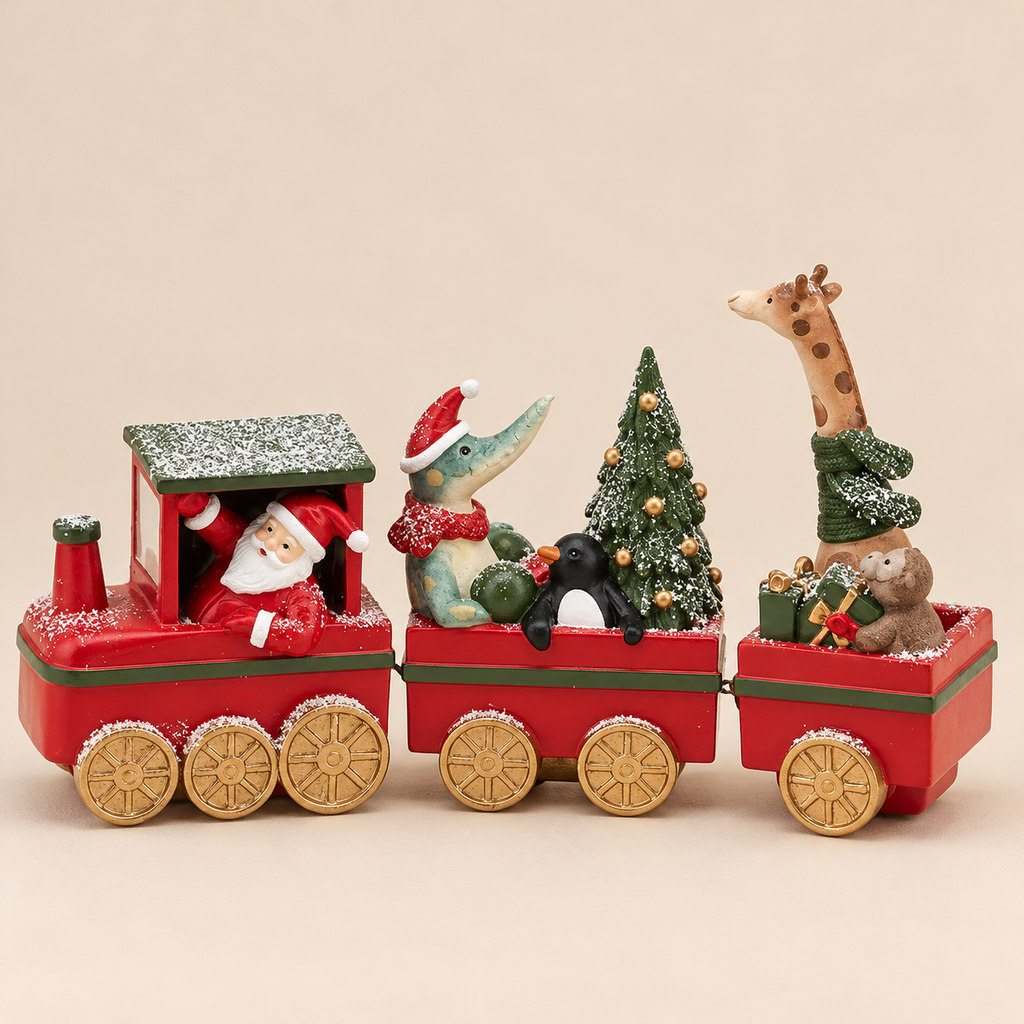 Trenino Natalizio Decorativo in Poliresina con Babbo Natale e Animali 28 x H16 cm