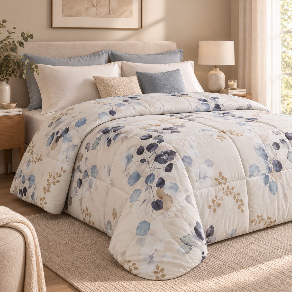 Trapunta Matrimoniale Double-Face Hanami polver in Percalle di Cotone Riciclato con Fantasia Botanica Azzurra 260 x 270 cm – Tessitura Randi