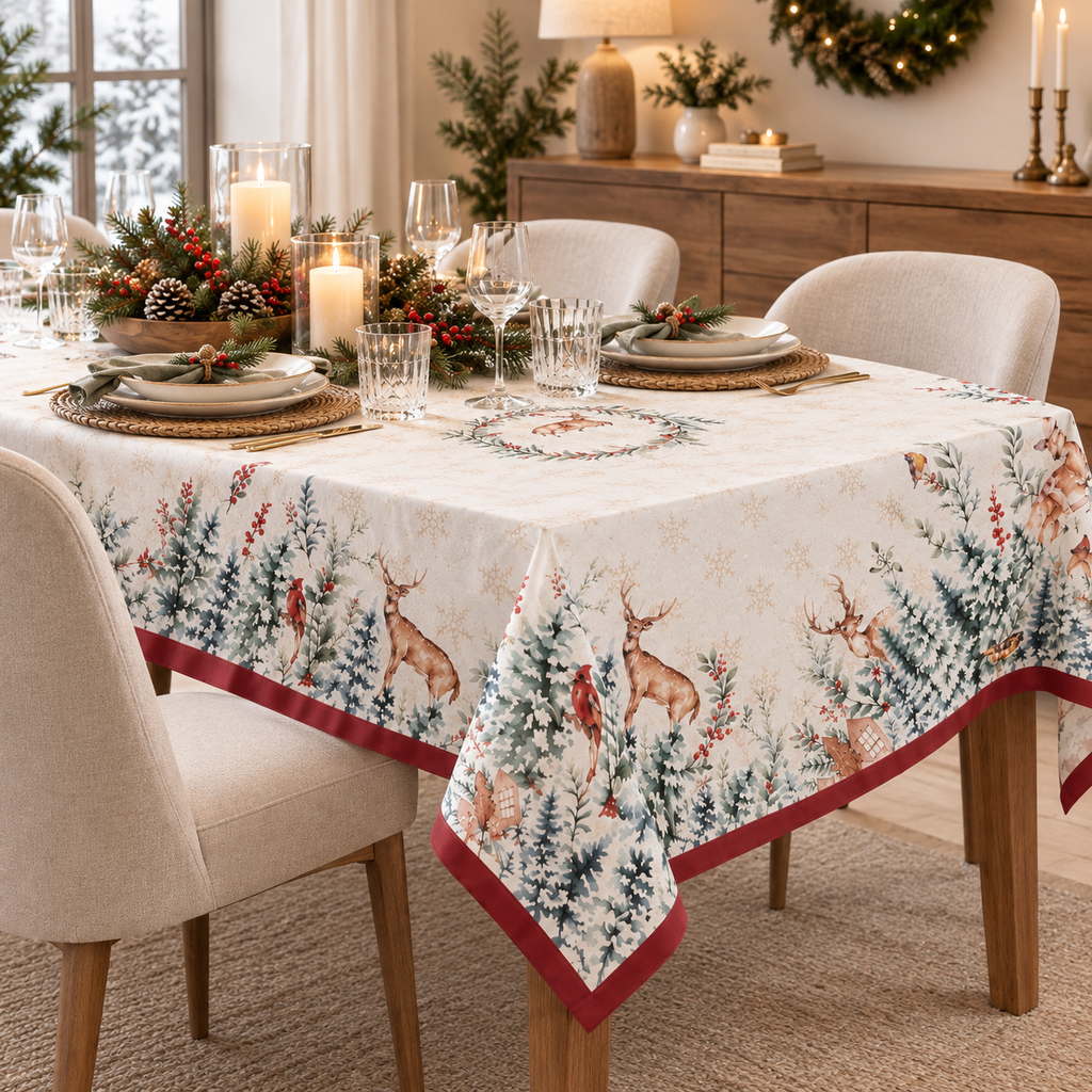 Tovaglia Natalizia Rettangolare in Cotone con Renne, Bosco Innevato e Paesaggio Invernale 150 x 250 cm