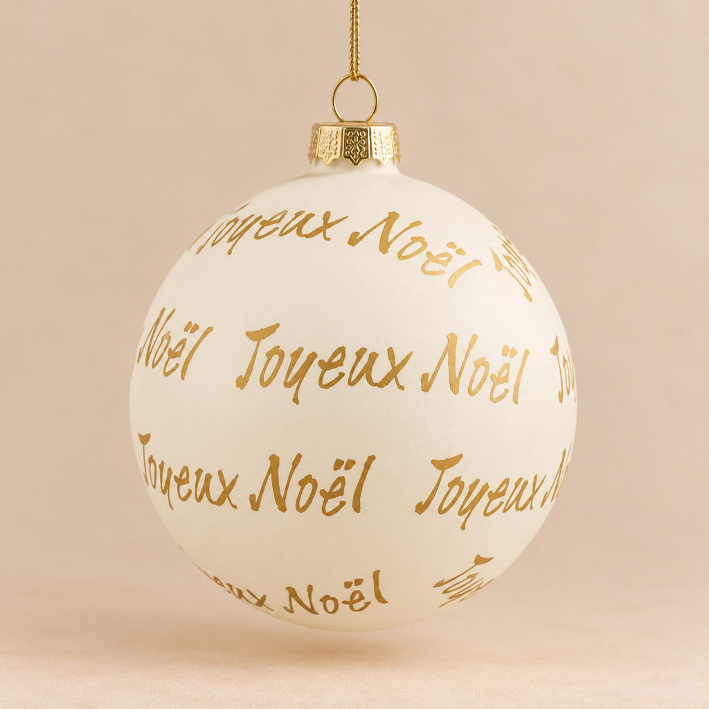 Sfera di Natale in Vetro Bianco con Scritta Joyeux Noël Oro – Ø 10 cm