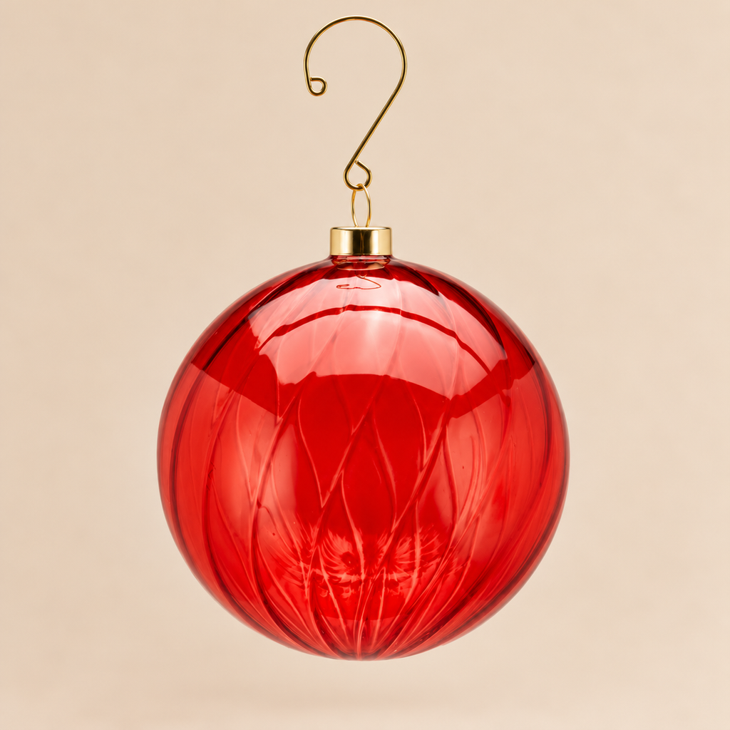 Sfera di Natale EDG in Vetro Rosso Trasparente Lucido con Righe a Spirale – Ø 10 cm