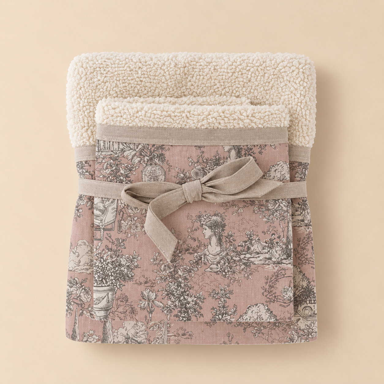Set 2 Asciugamani Toile du Borgo Blanc Mariclò – 40 x 60 + 60 x 100 cm Rosa Cipria con Toile Floreale