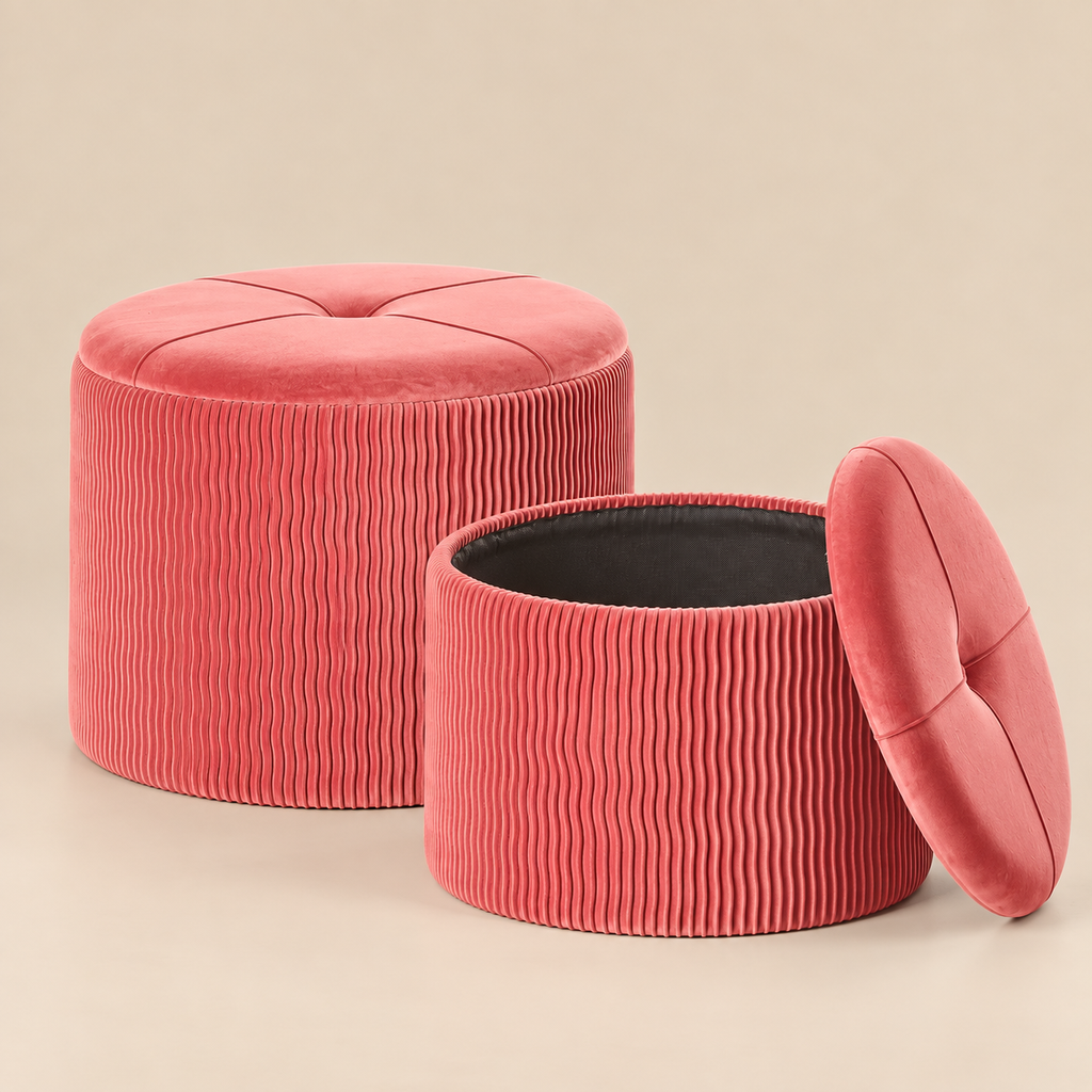 Pouf Contenitore Rotondo in Velluto Rosa corallo