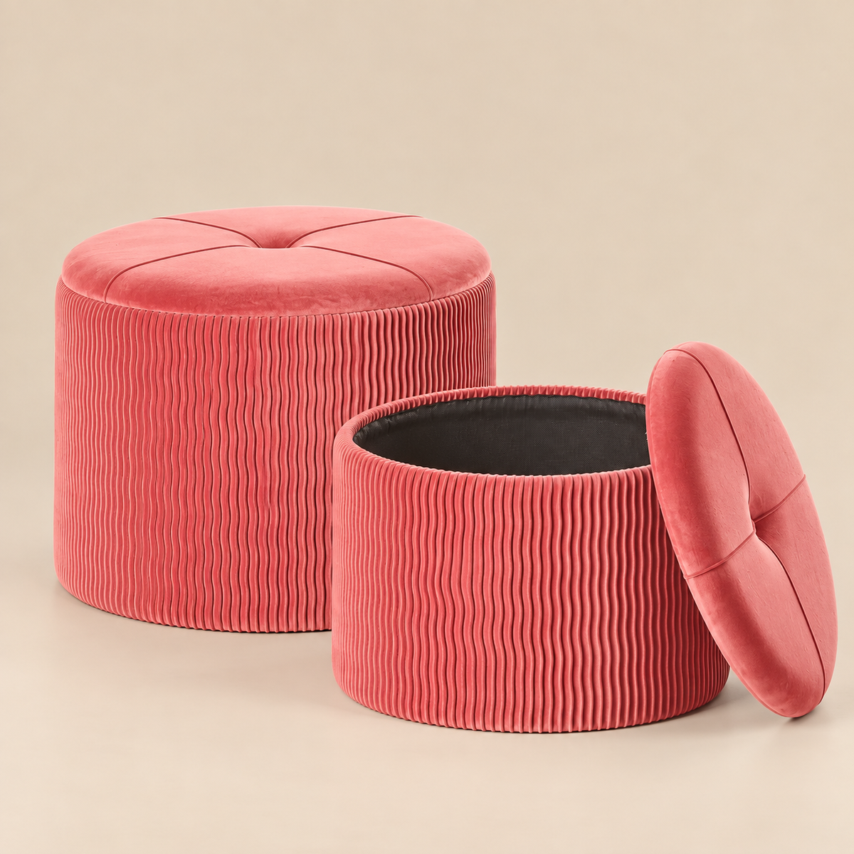 Pouf Contenitore Rotondo in Velluto Rosa corallo