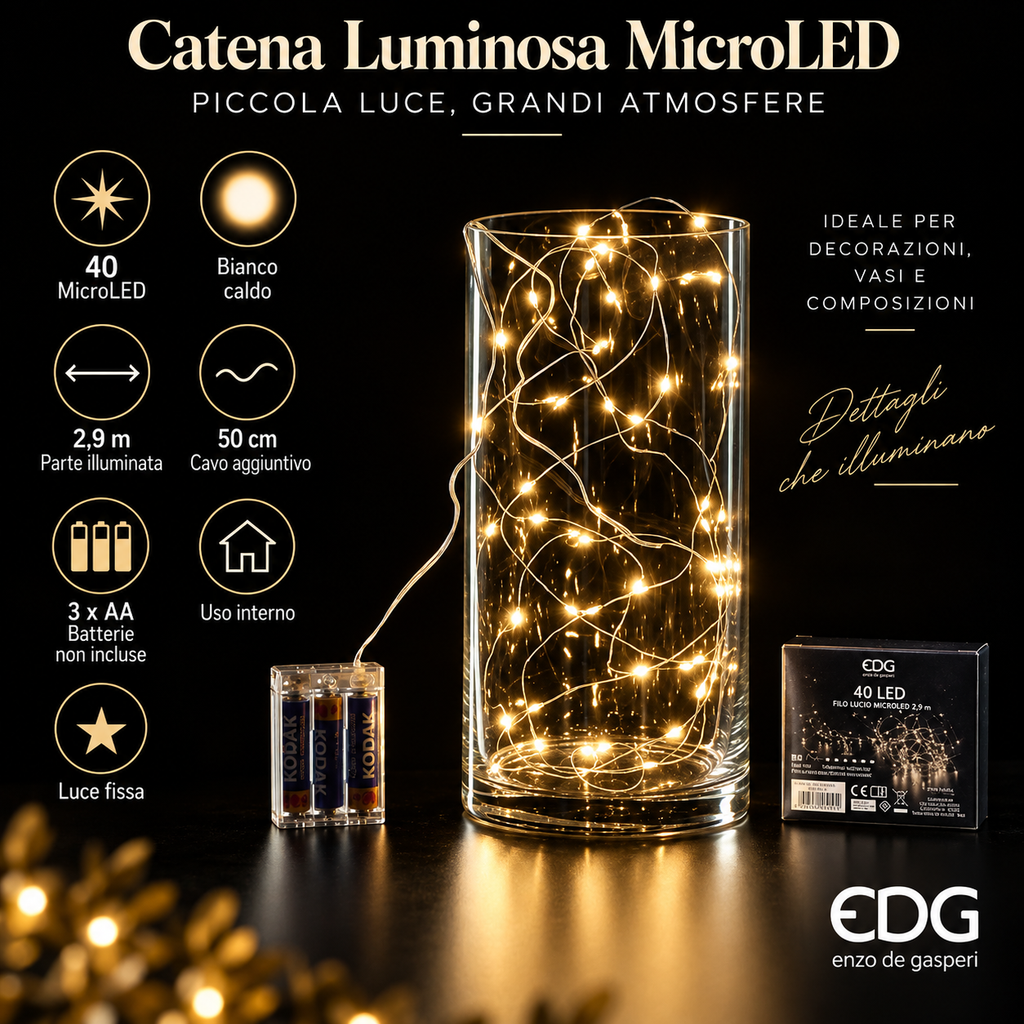 Catena Luminosa MicroLED 40 LED Bianco Caldo 2,9 m a Batteria - EDG
