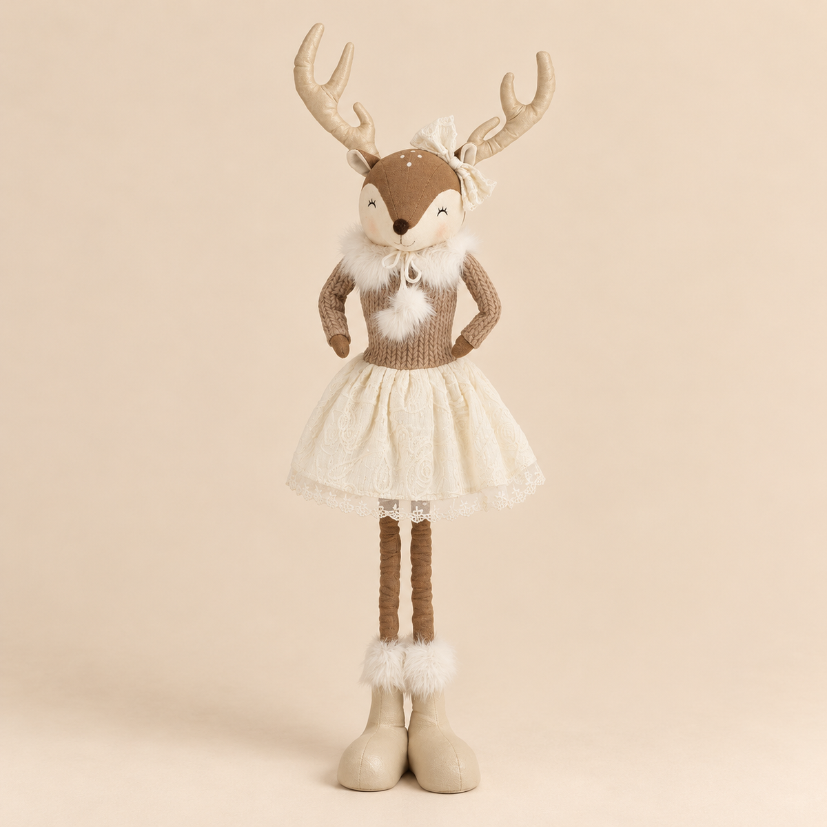 Renna Natalizia Decorativa in Tessuto Beige e Avorio con Gambe Allungabili – Altezza Massima 113 cm