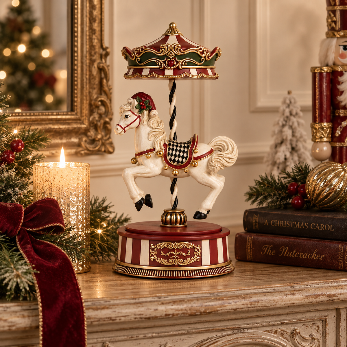 Carillon Natalizio Decorativo con Cavallo a Giostra Bianco e Bordeaux con Dettagli Oro 12 x H24 cm