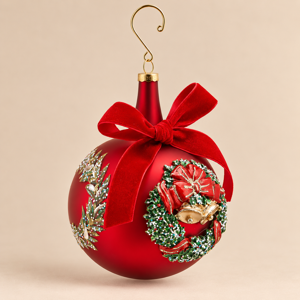 Sfera di Natale Rossa con Ghirlanda e Fiocco in Vetro Ø 10 cm