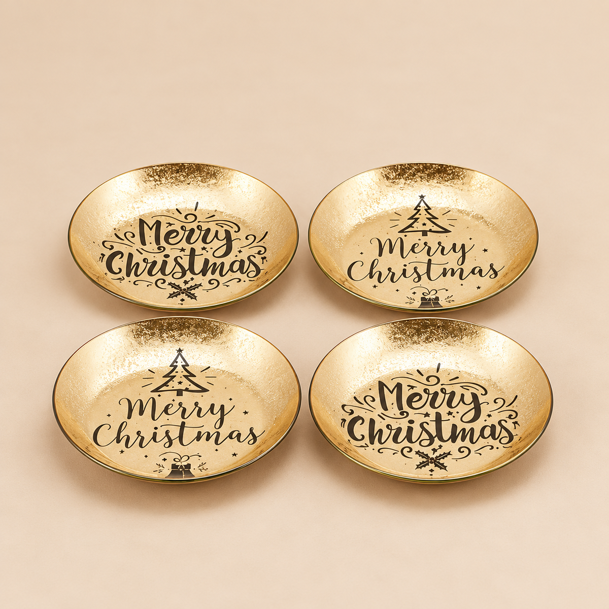 Set 4 Piattini Rotondi Portacandela Natalizi Oro con Scritta Merry Christmas e Decori Albero di Natale – Ø 10 cm
