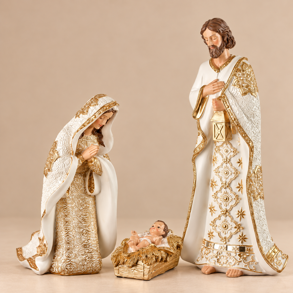 Natività Natalizia Bianca e Oro con Maria, Giuseppe e Gesù Bambino in Resina – Collezione Bianco & Oro H 44 cm