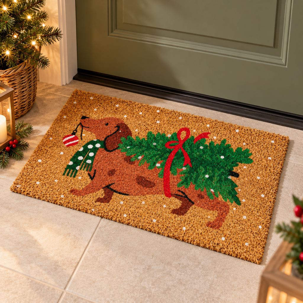 Zerbino Natalizio in Fibra di Cocco Naturale con Bassotto e Albero di Natale – Collezione Benvenuto Natale! 75x45 cm