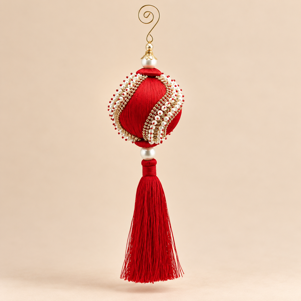 Sfera Natalizia EDG Rossa con Perle, Strass e Nappa Decorativa Ø8xH28 cm