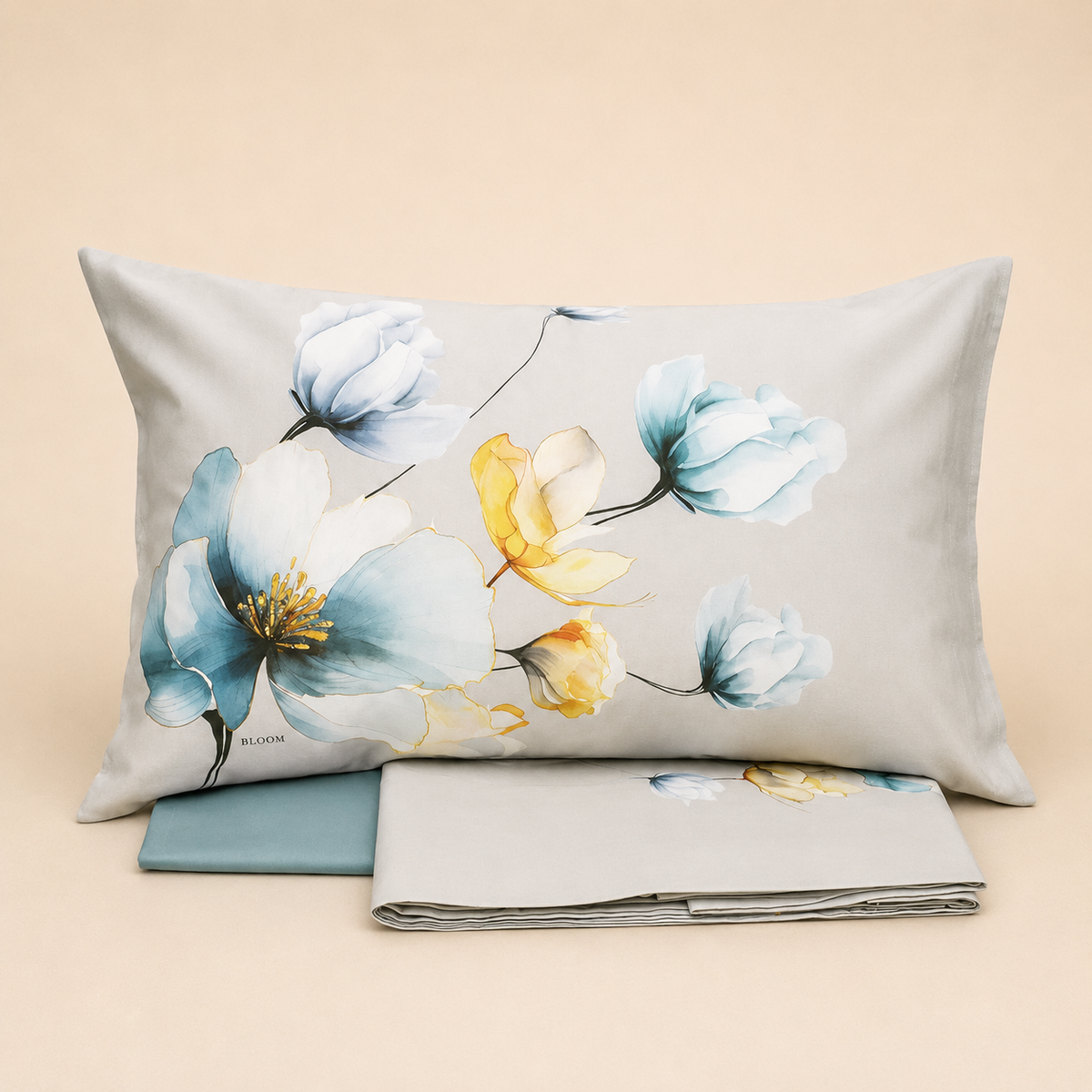 Completo Lenzuola Bloom in Raso di Puro Cotone 300 TC con Balza a Giorno Saffo