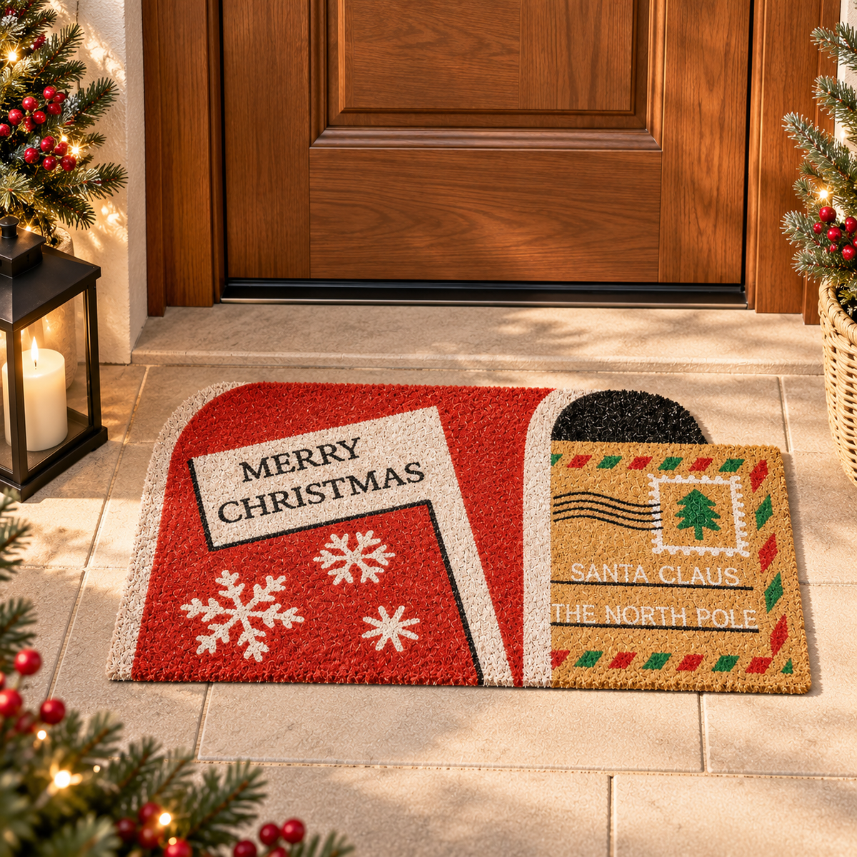 Zerbino Natalizio in Fibra di Cocco a Forma di Cassetta Postale di Babbo Natale con Scritta Merry Christmas – Collezione Benvenuto Natale! 75x45 cm