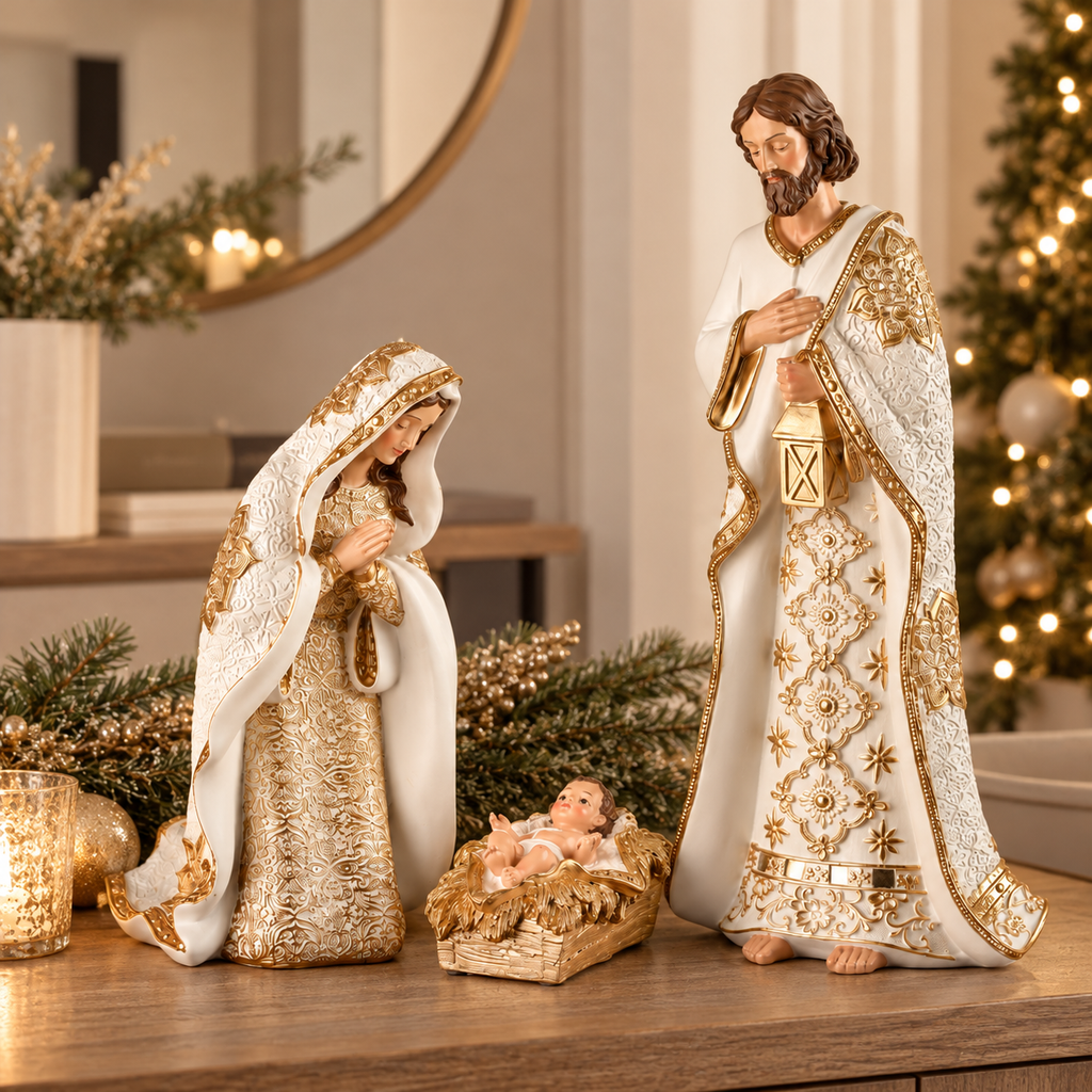 Natività Natalizia Bianca e Oro con Maria, Giuseppe e Gesù Bambino in Resina – Collezione Bianco & Oro H 44 cm