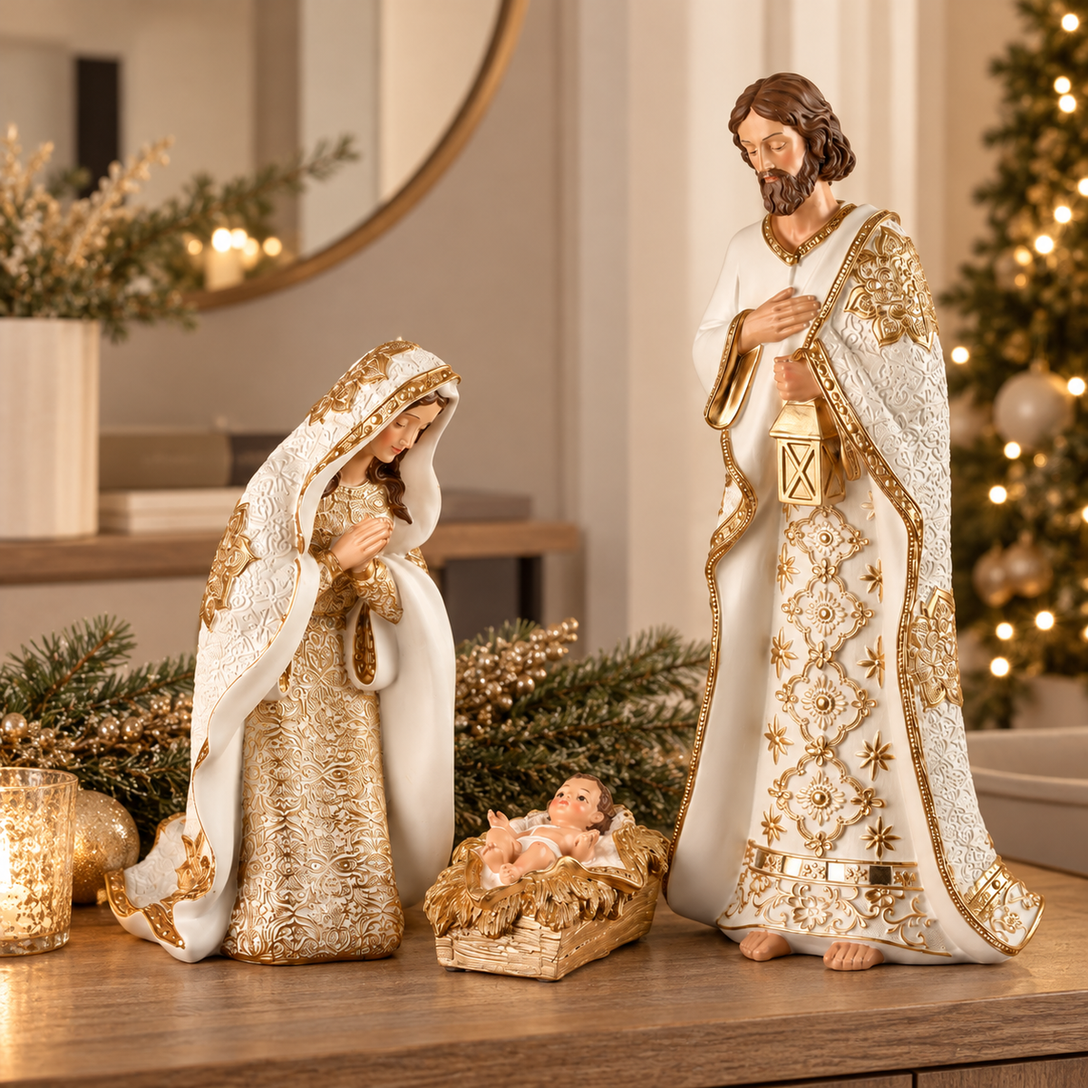 Natività Natalizia Bianca e Oro con Maria, Giuseppe e Gesù Bambino in Resina – Collezione Bianco & Oro H 44 cm