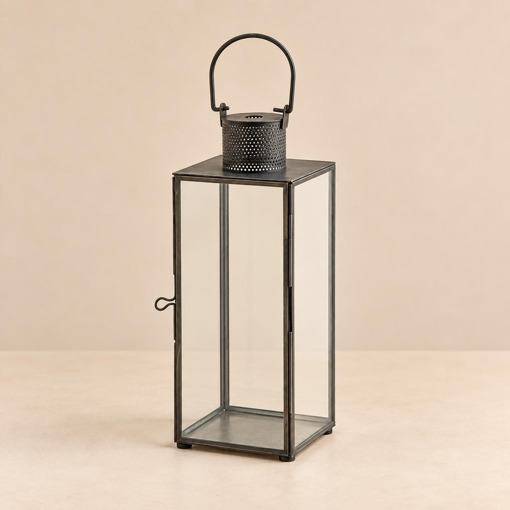 Lanterna Vintage Nera in Metallo e Vetro 12 x 12 x H 28 cm