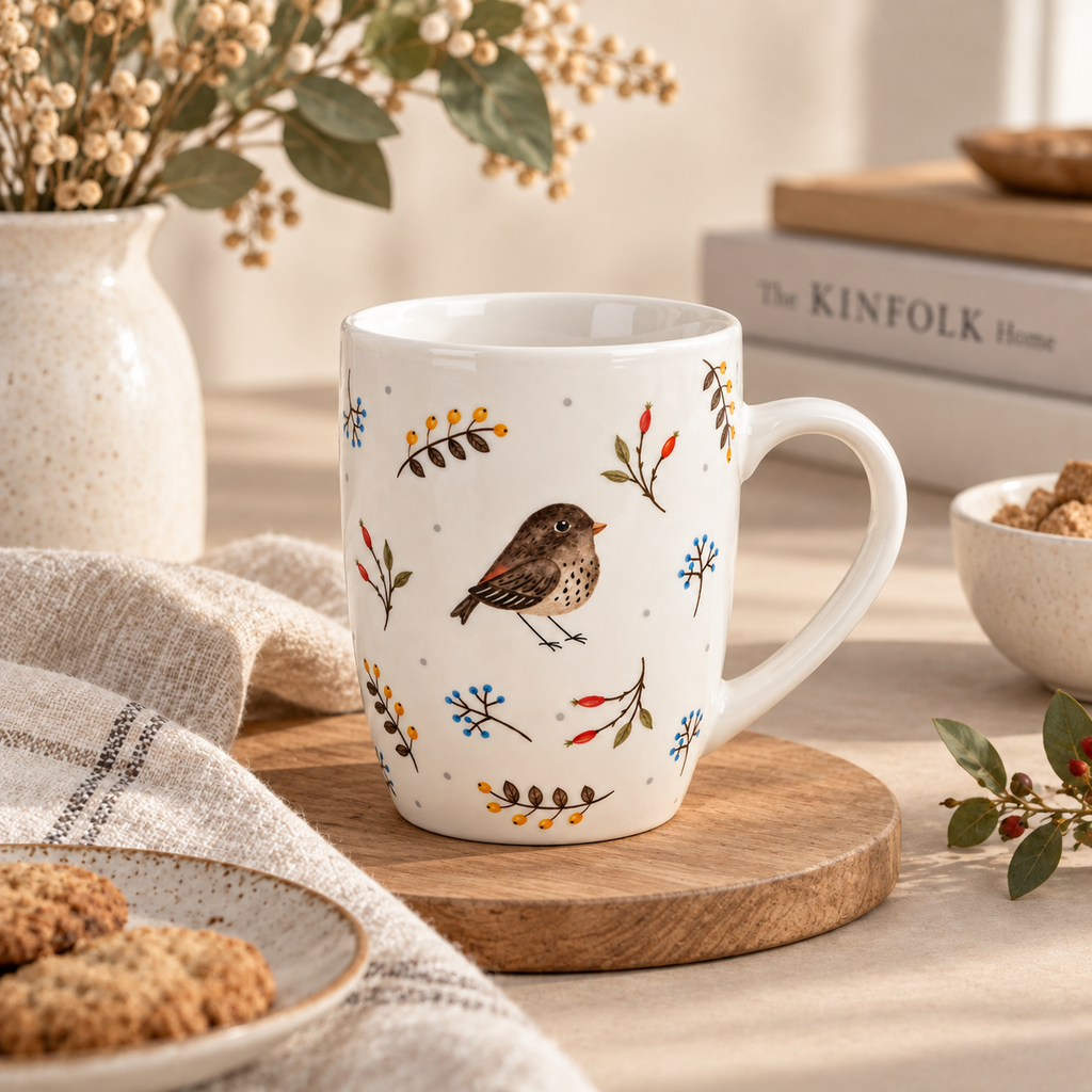 Tazza in Ceramica con Uccellino e Decorazioni Botaniche