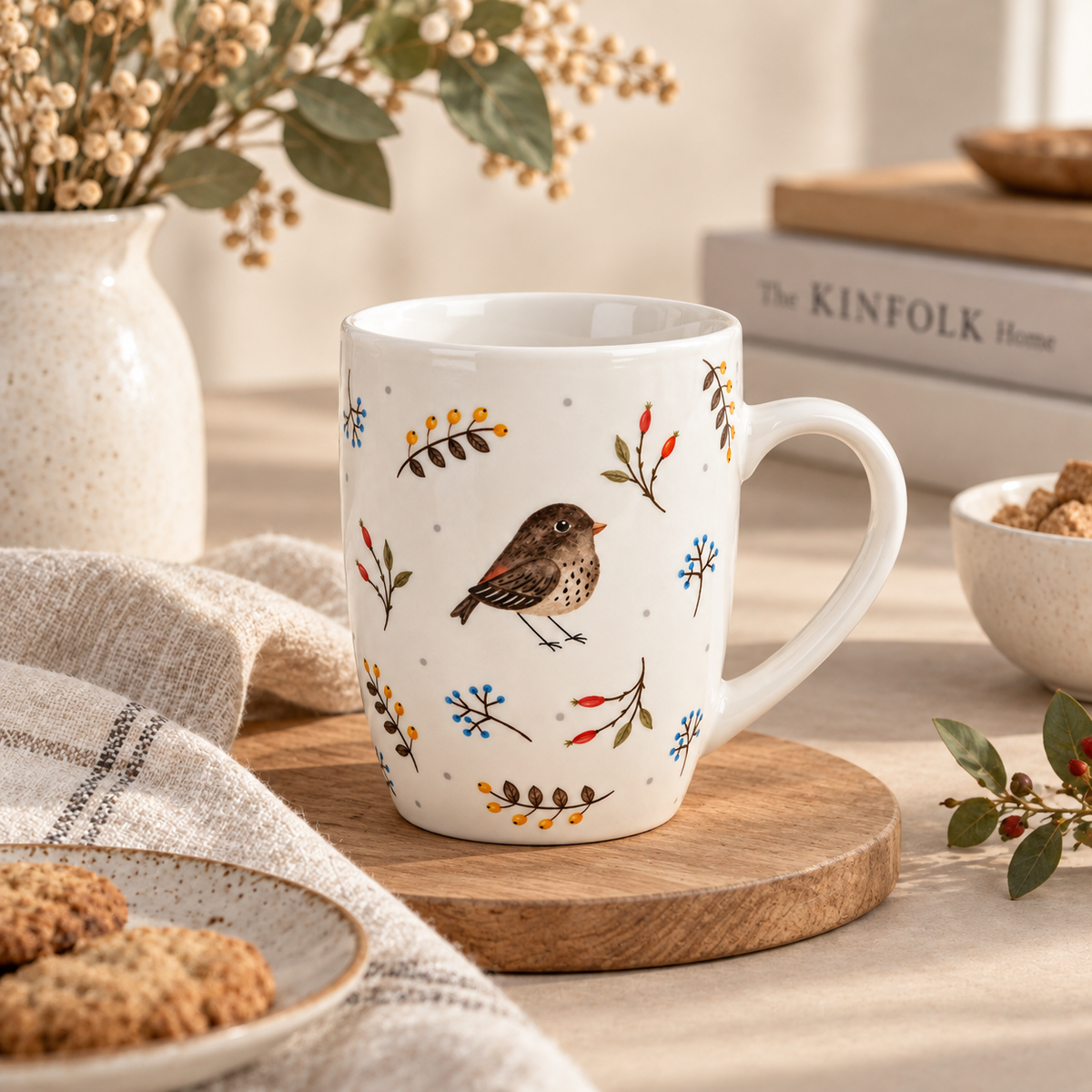 Tazza in Ceramica con Uccellino e Decorazioni Botaniche