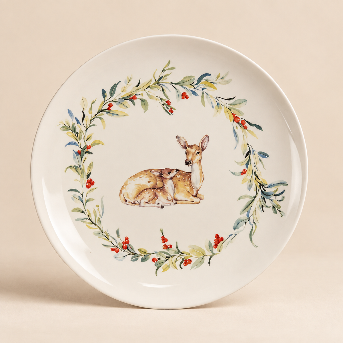 Piatto Piano in Ceramica con Cerbiatto e Decoro Botanico Ø 28 cm