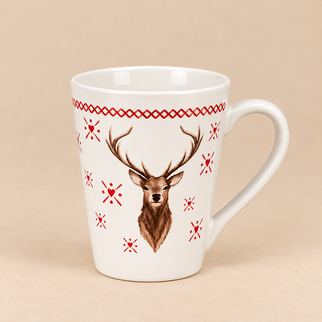 Tazza in Ceramica Bianca con Cervo e Decorazioni Rosse – 450 ml – 15 x 11 x 9 cm