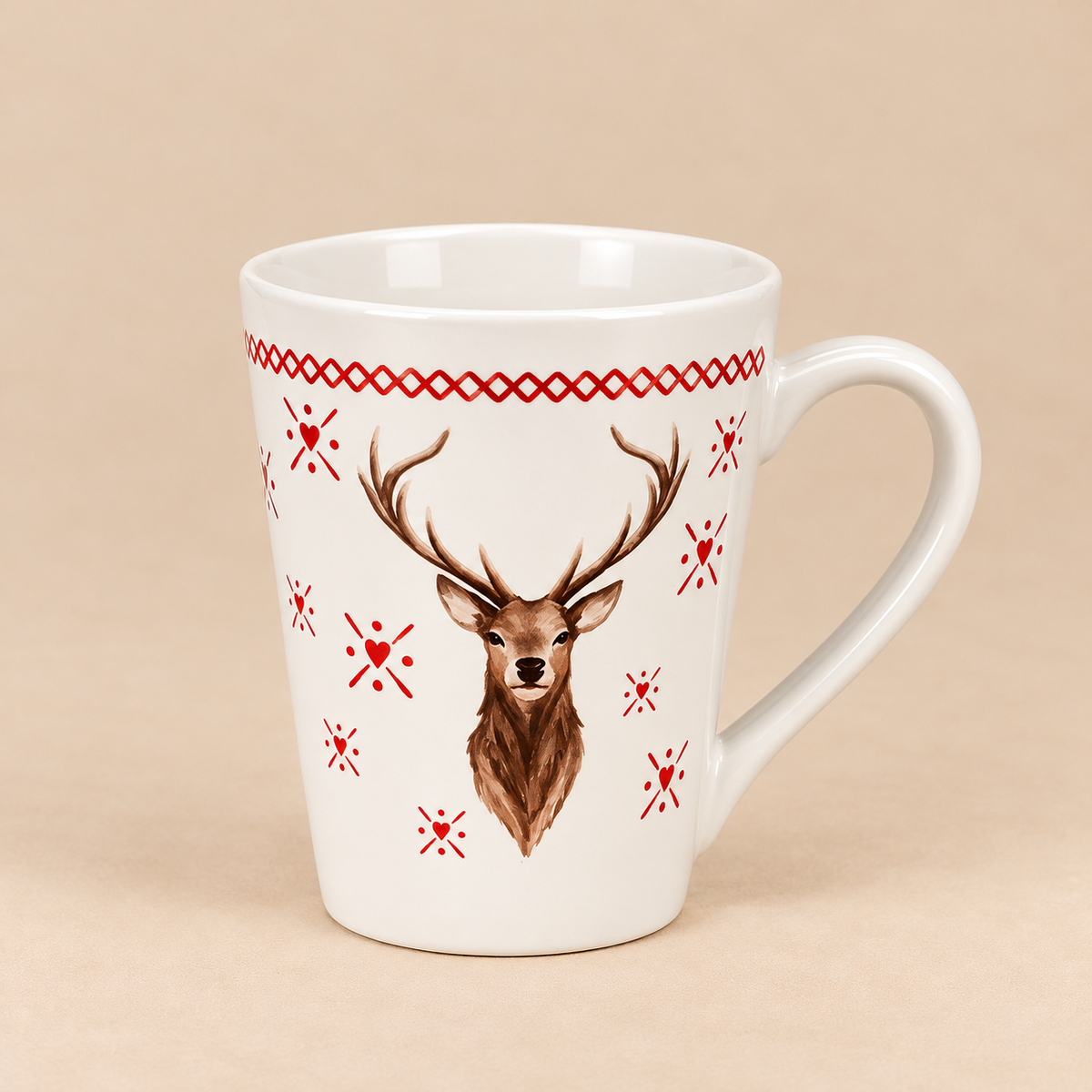 Tazza in Ceramica Bianca con Cervo e Decorazioni Rosse – 450 ml – 15 x 11 x 9 cm
