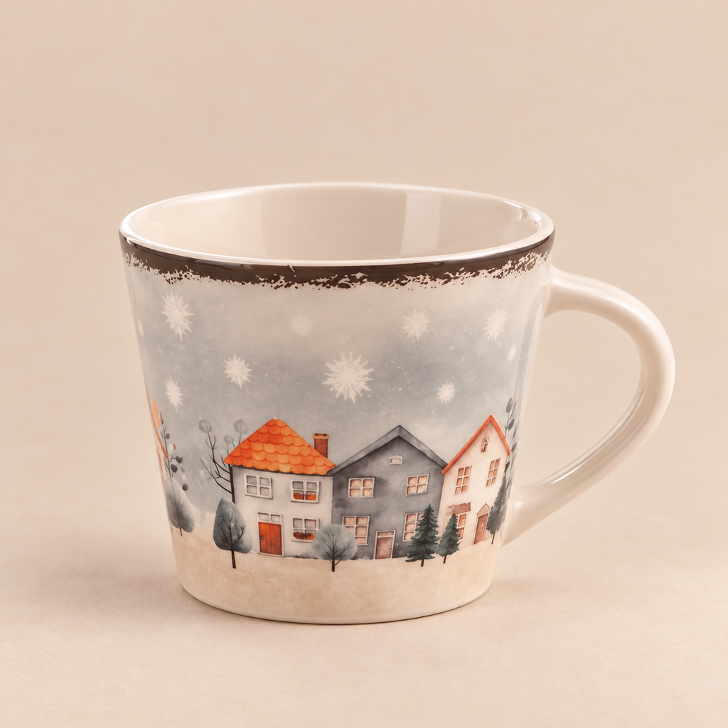 Tazza da Tè Village – Decoro Paesaggio Invernale con Casette e Fiocchi di Neve – 280 ml