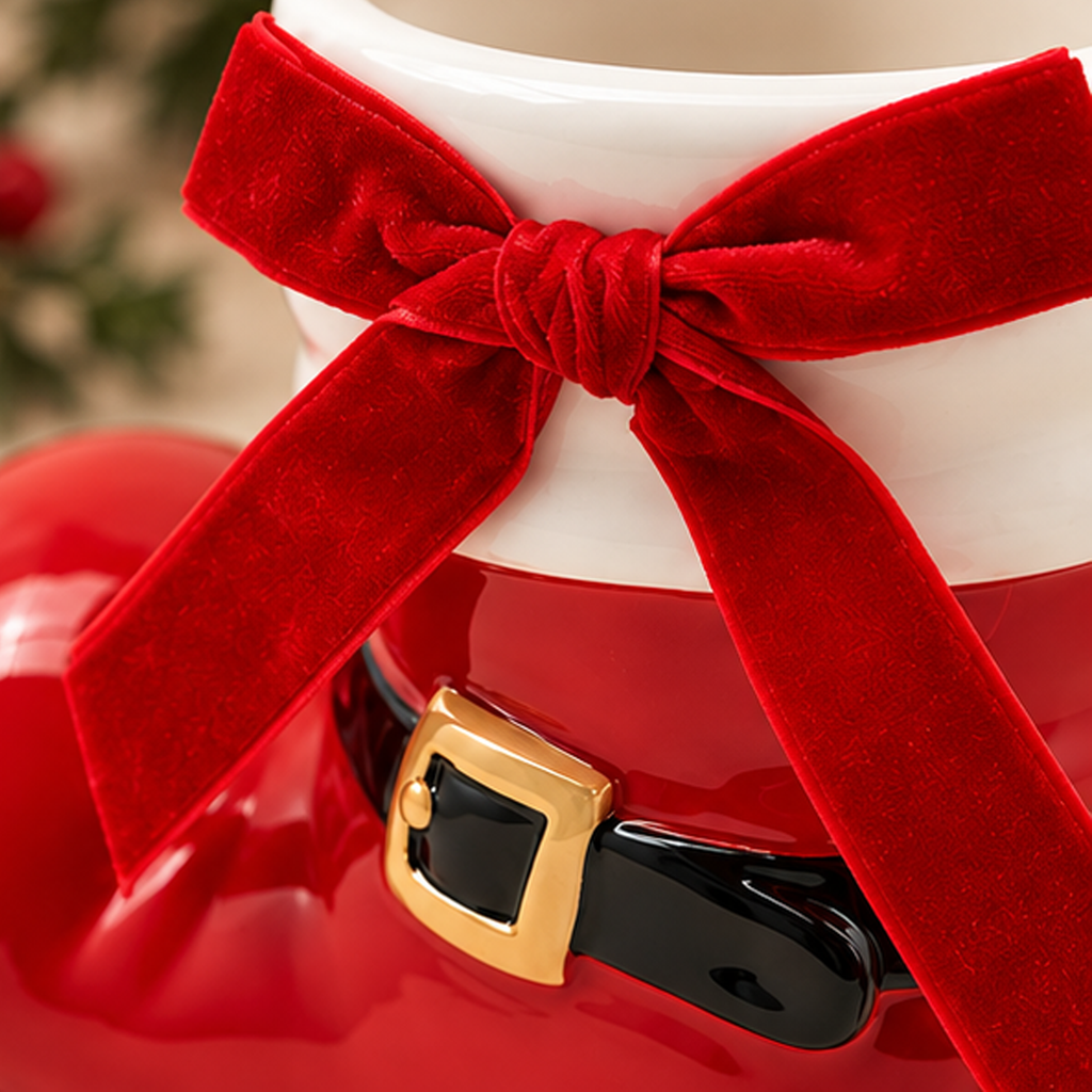 Stivale di Babbo Natale Decorativo in Ceramica Rossa con Fiocco in Velluto 16 x 8 x H13 cm