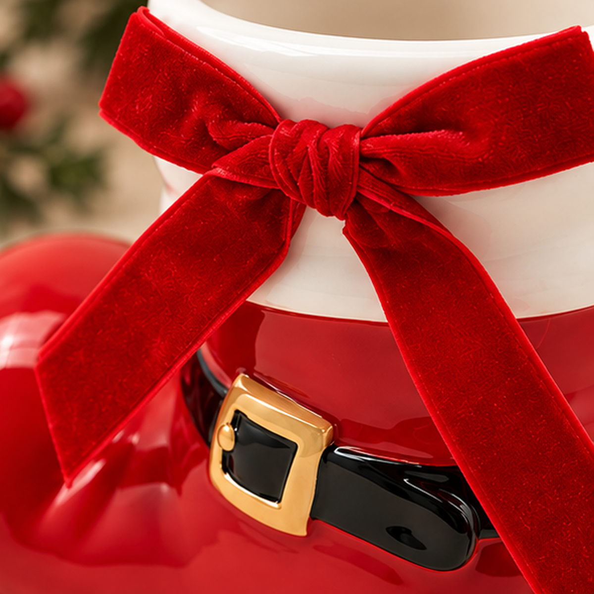 Stivale di Babbo Natale Decorativo in Ceramica Rossa con Fiocco in Velluto 16 x 8 x H13 cm