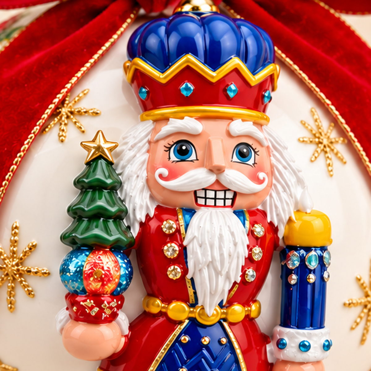 Sfera di Natale Bianca con Schiaccianoci in Rilievo e Fiocco in Velluto Rosso – Ø 10 cm