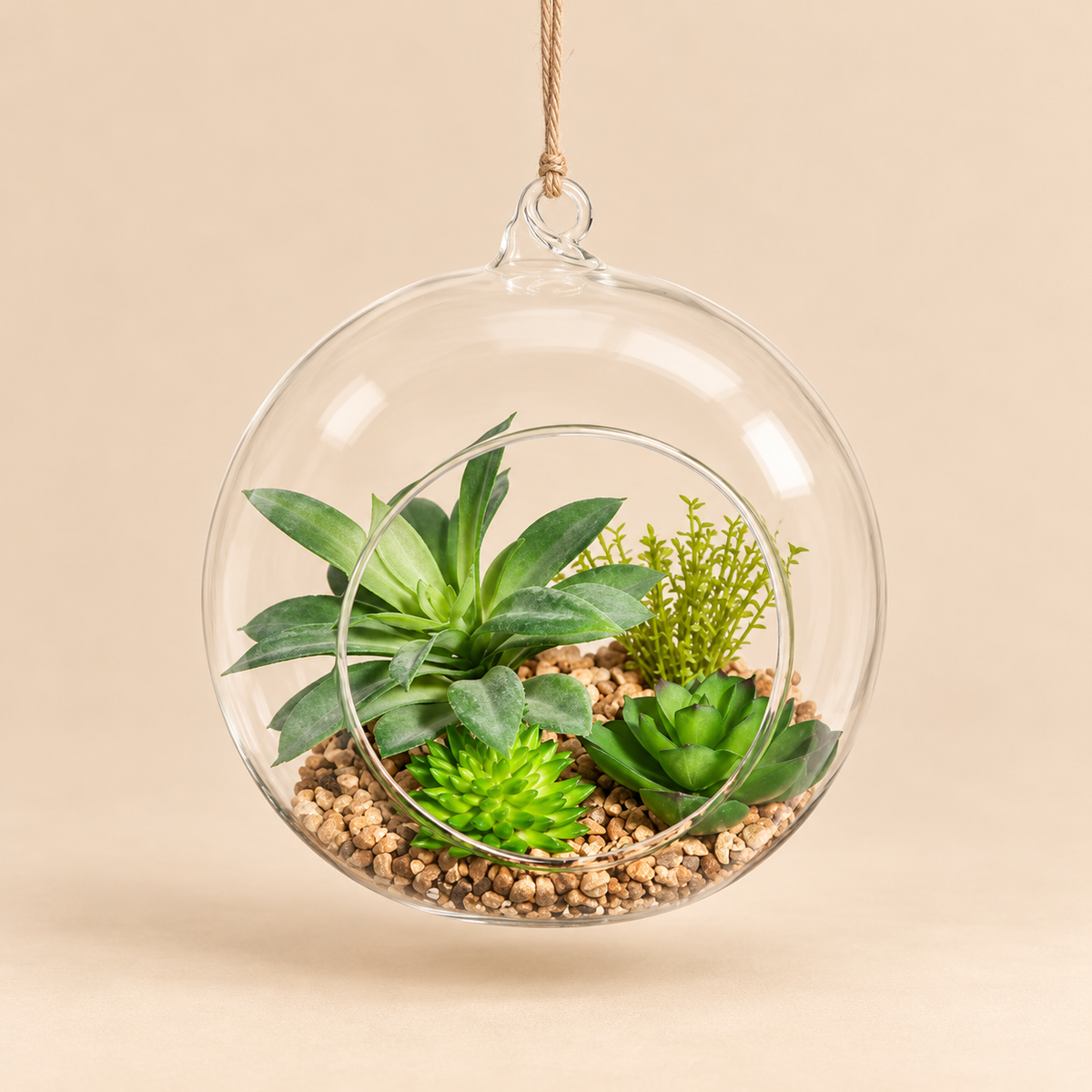 Terrario Sospeso EDG in Vetro Trasparente con Piante Grasse Artificiali, Ghiaia Decorativa e Corda
