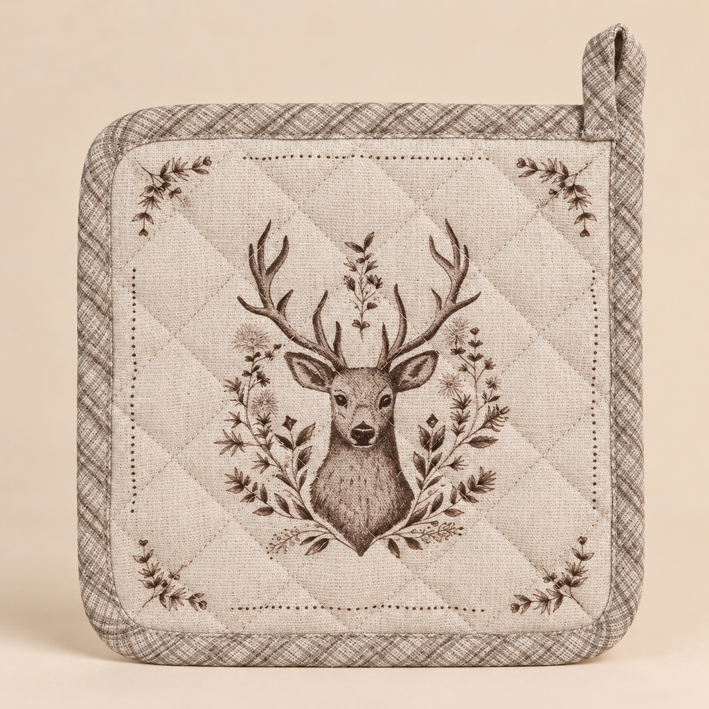 Presina da Cucina Natalizia Winter Woodland Double Face con Cervo Beige 20 x 20 cm in Cotone