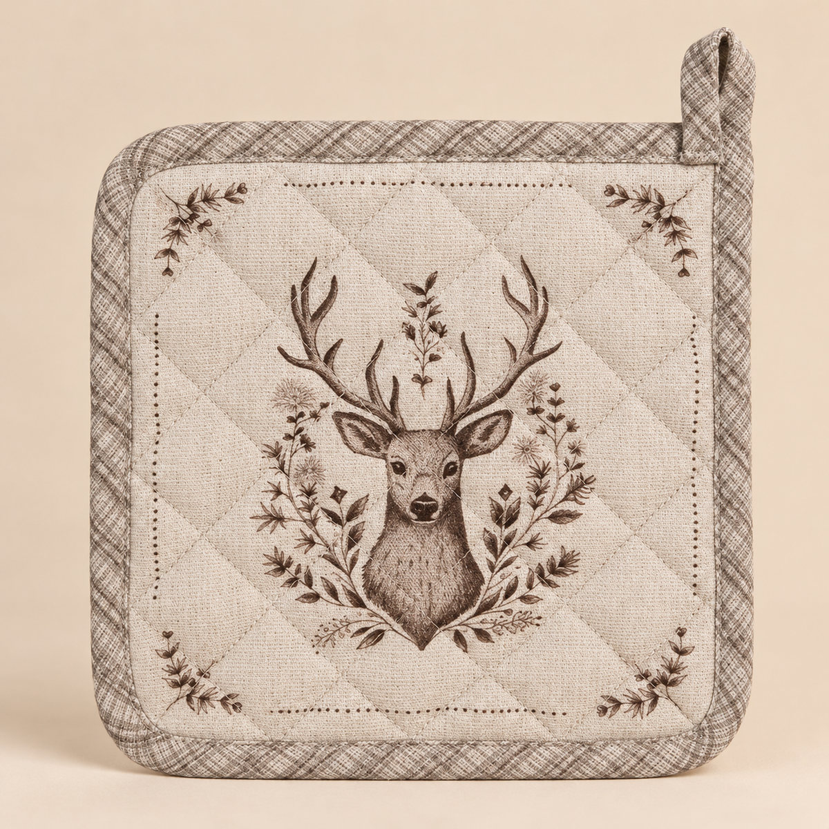 Presina da Cucina Natalizia Winter Woodland Double Face con Cervo Beige 20 x 20 cm in Cotone