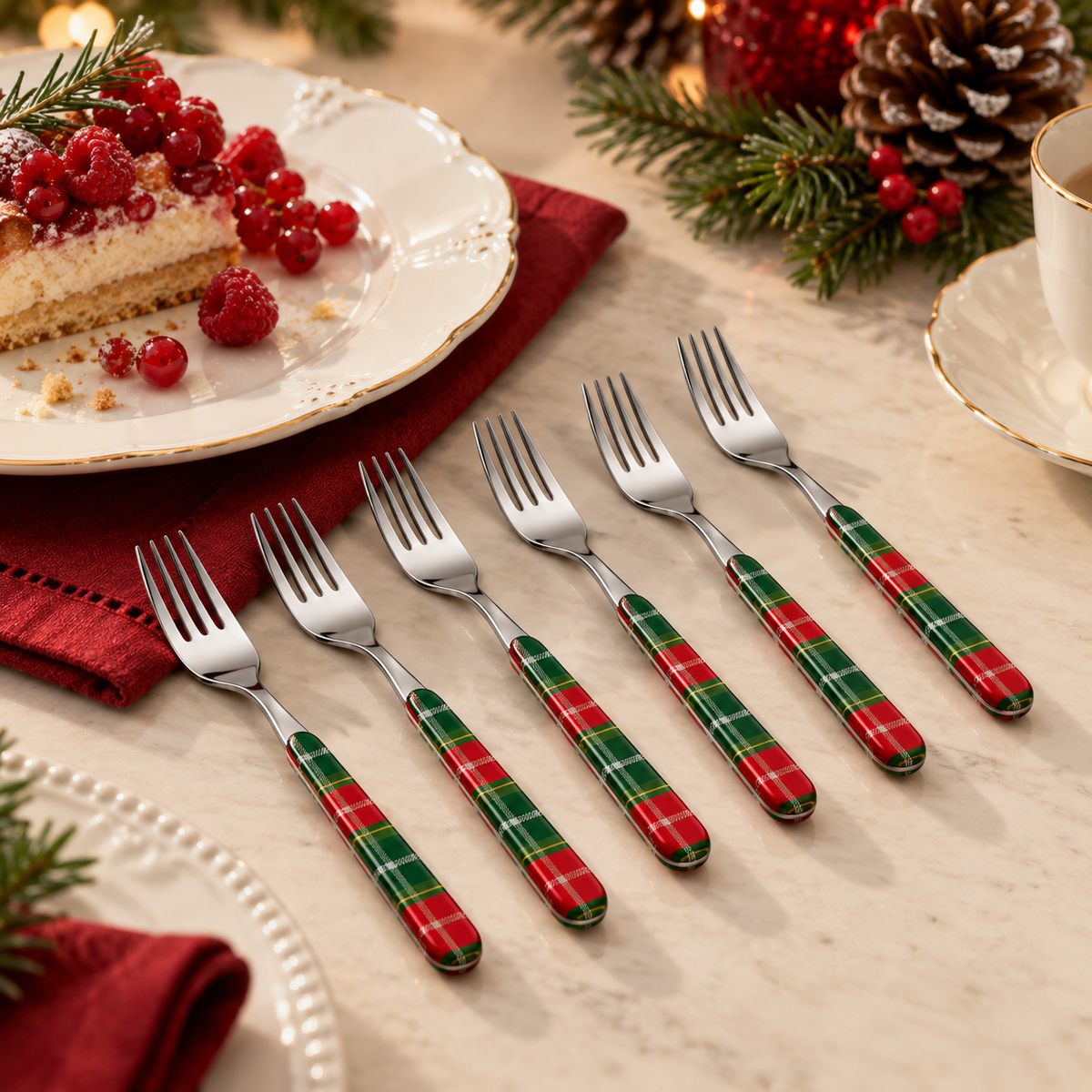Set 6 Forchettine da Dolce in Acciaio Inox 18/10 con Manico Tartan Rosso e Verde – 14 cm