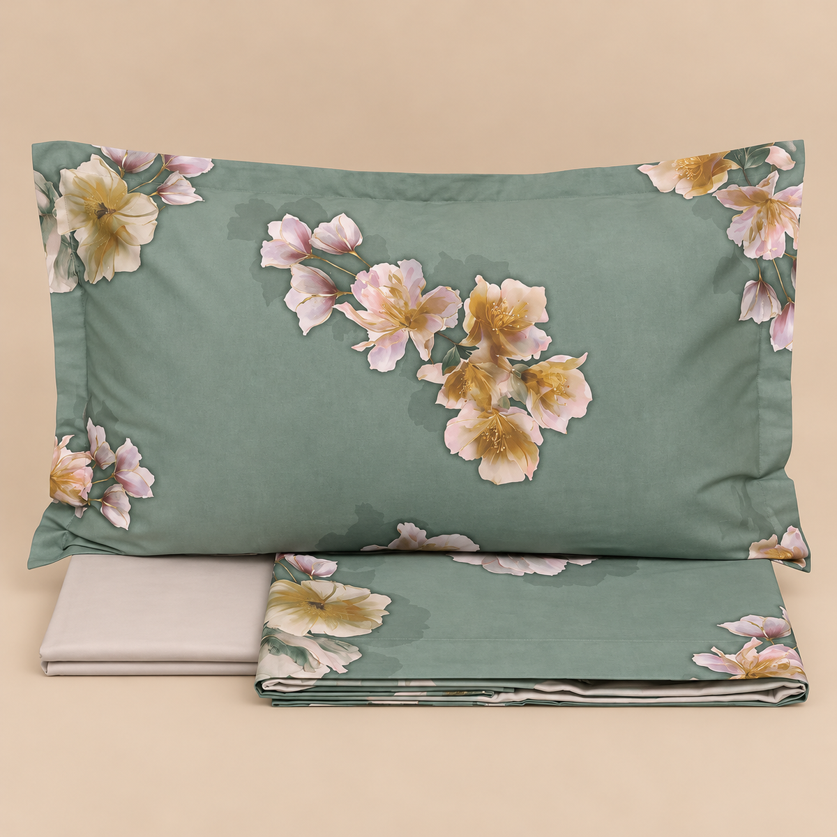 Completo Lenzuola Matrimoniale CAREZZA Tessitura Randi Collezione Bloom in Raso di Puro Cotone 300 T.C. Verde Salvia